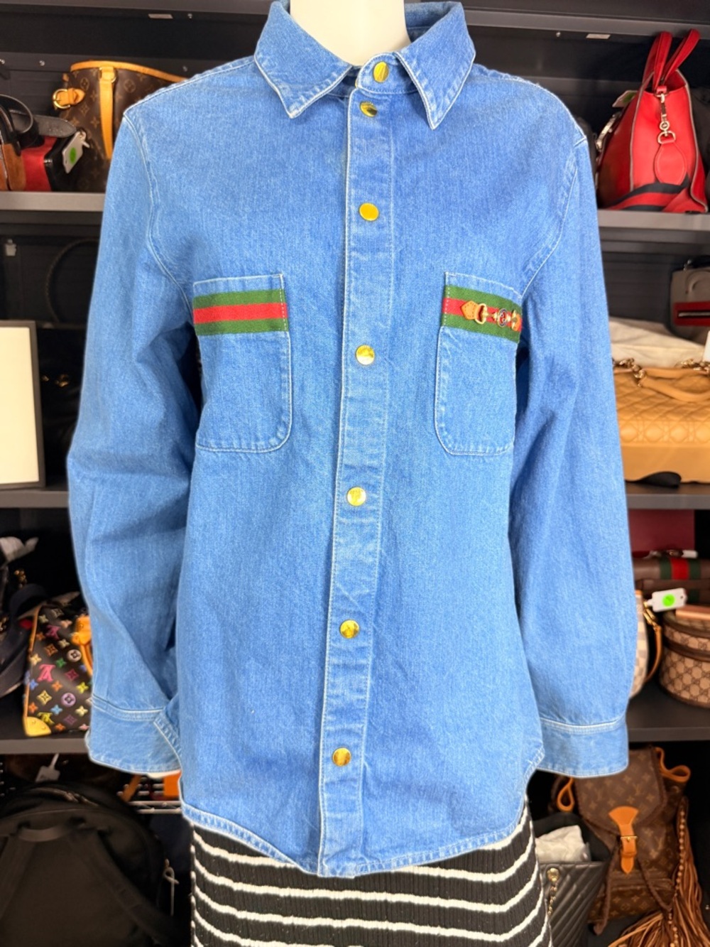Gucci Mens Denim Button-Up Shirt with Red & Green Web Trim 48